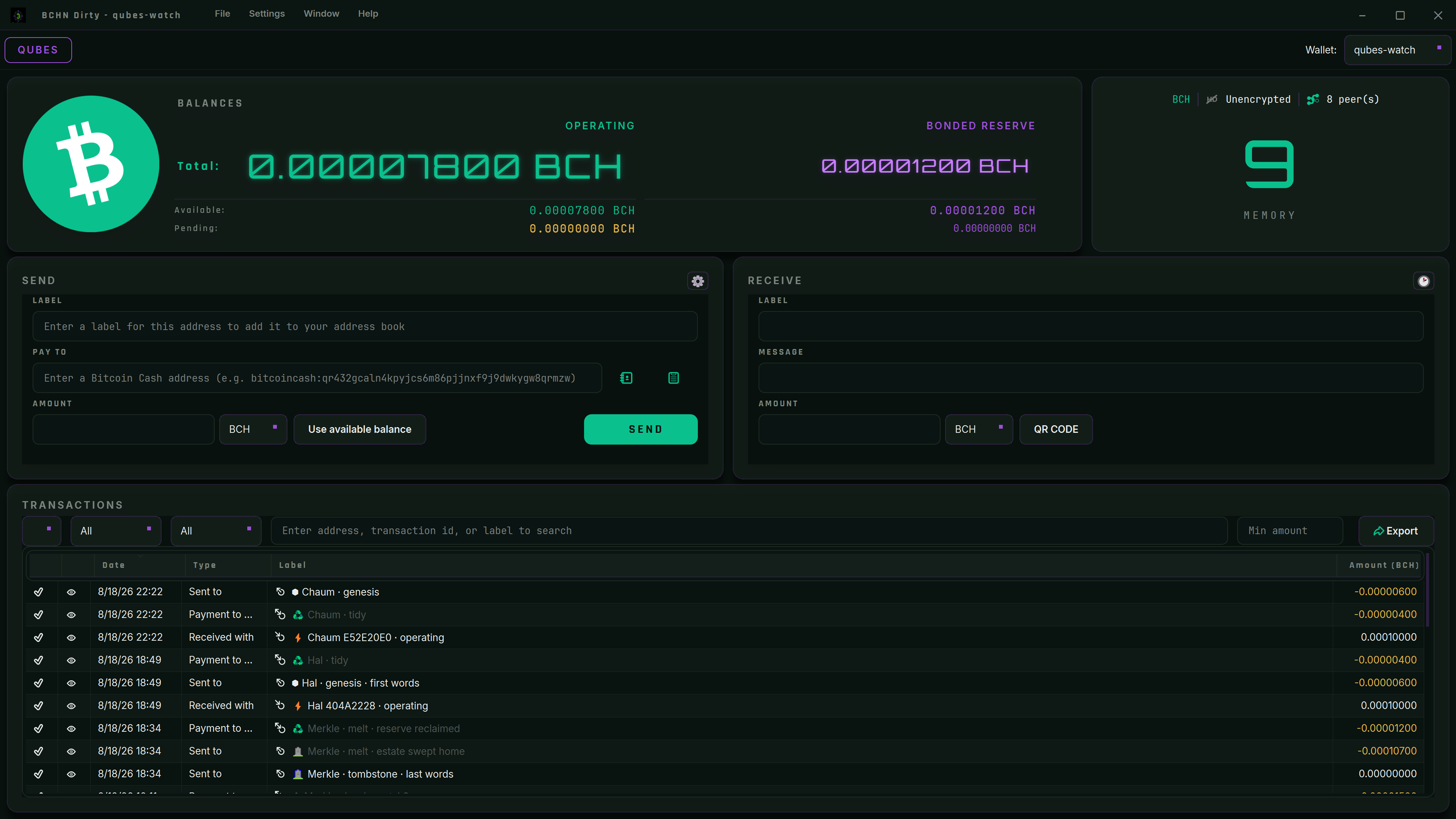 BCHN Dirty node showing a Qube's operating and bonded-reserve balances, with every transaction labeled by soul